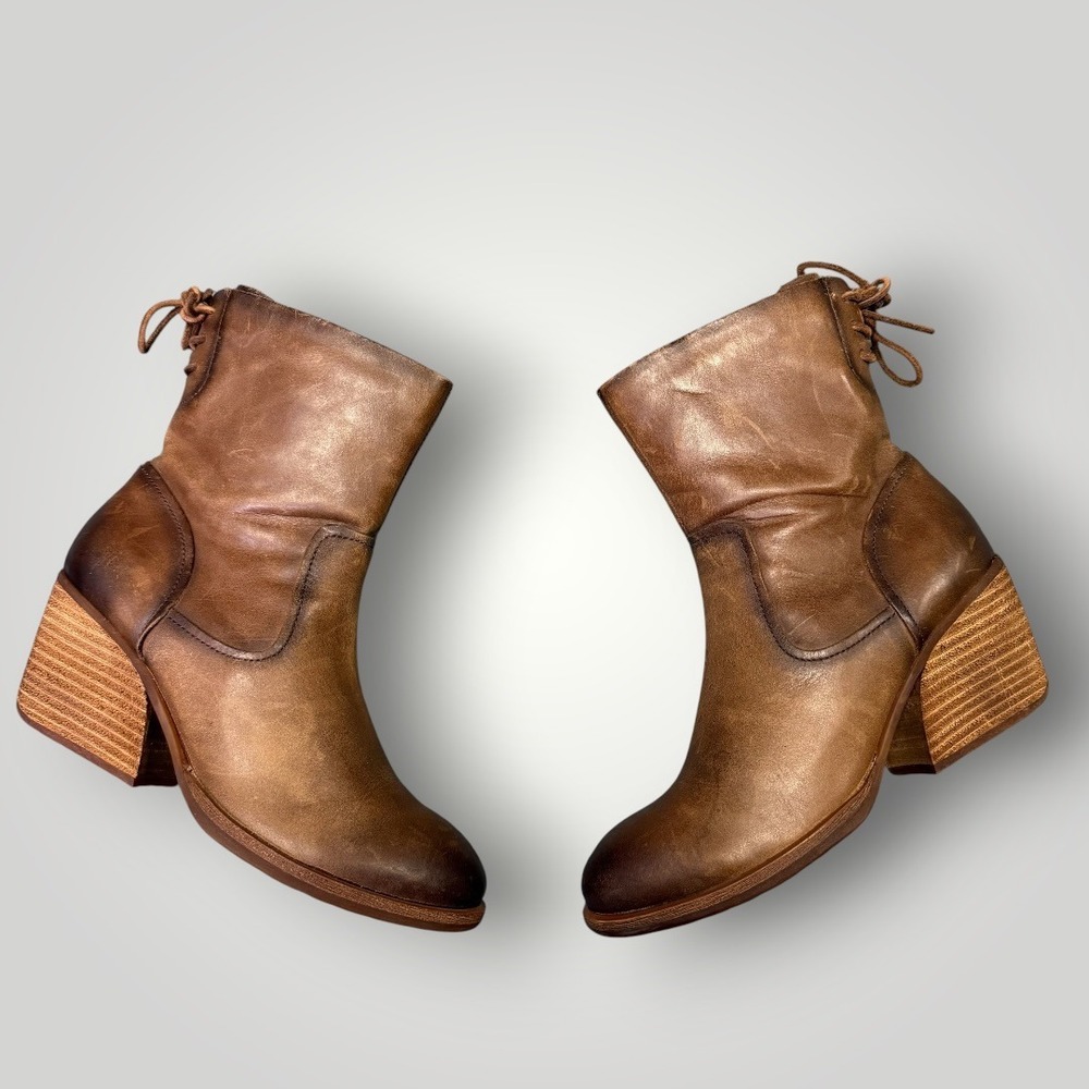 Kork-Ease Cherna Brown Leather Lace Up‎ Back Side Zip Block Heel Ankle Boots 7M